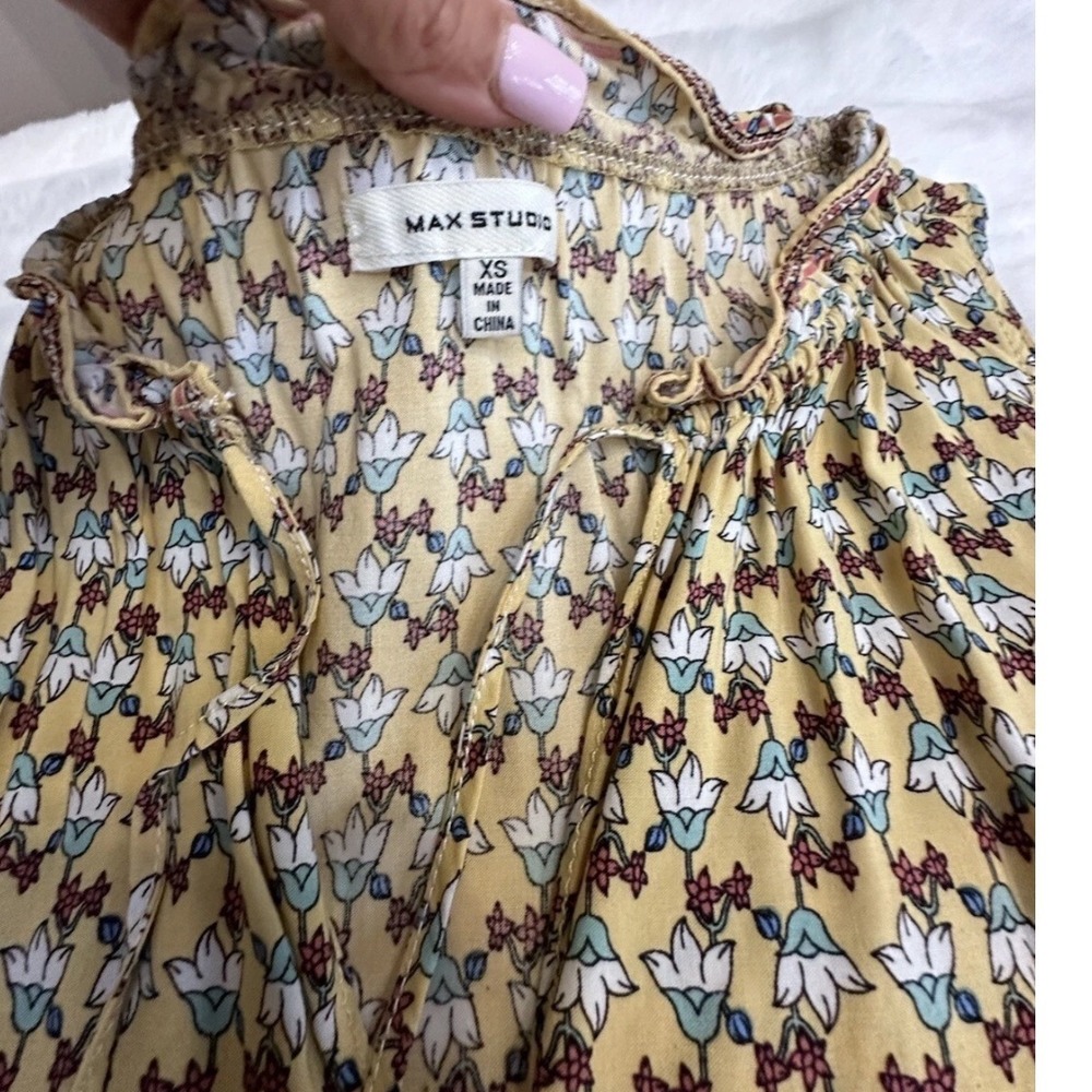 Max Studio Yellow Floral Tiered Mini Dress Sleeveless Boho Tie Neck XS - Picture 4 of 7